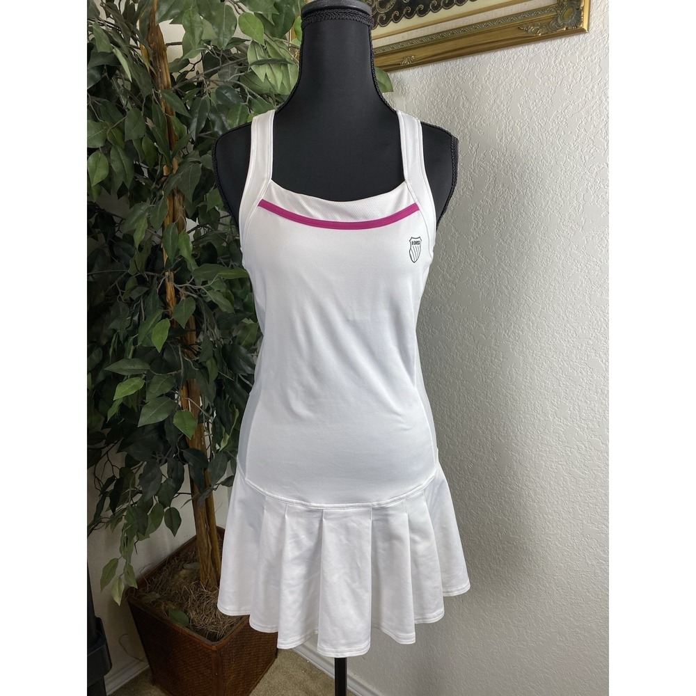 K-Swiss Tennis Dress Women's Small White Pink Trim Pleated Skirt Racerback